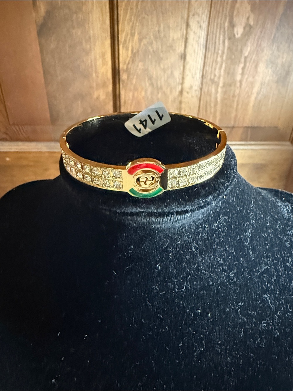 Gold-Tone Women’s Crystal Bangle with Red & Green Enamel Accent